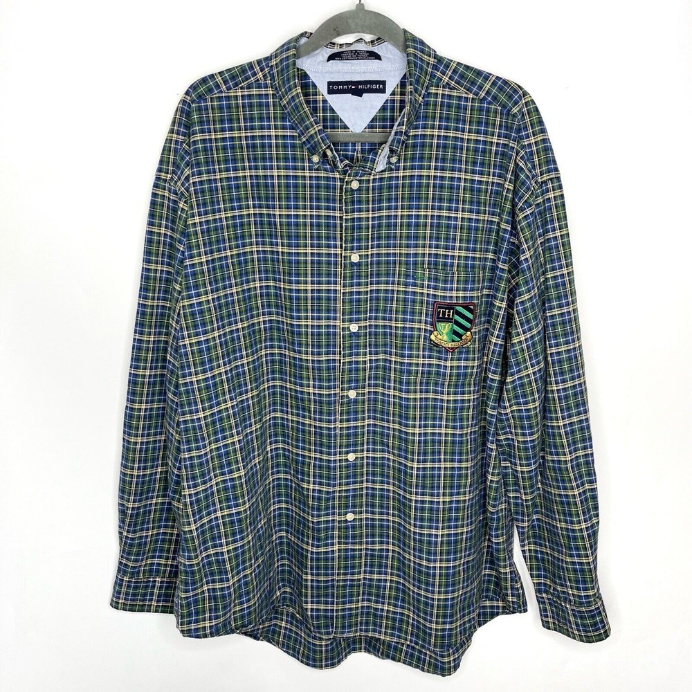 Vintage Tommy Hilfiger TH Crest Patch Blue Green Plaid Button Down Shirt XXL